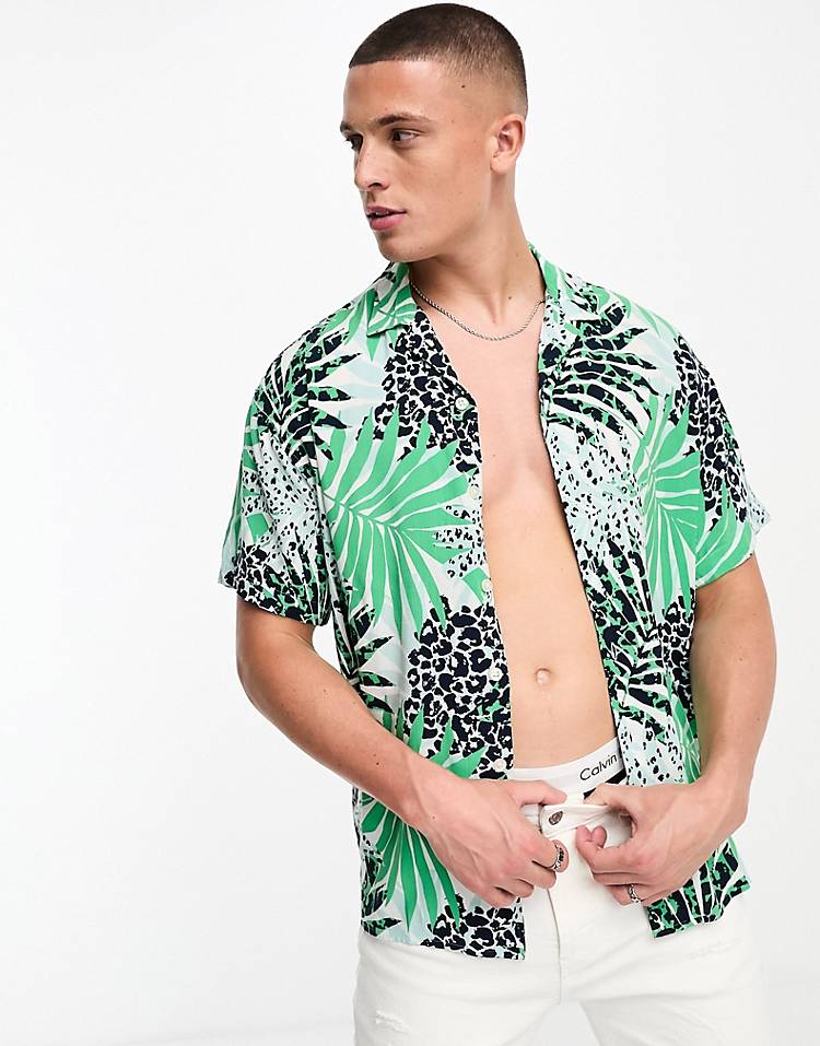 Jack & Jones Originals oversized revere collar shirt in multi palm print